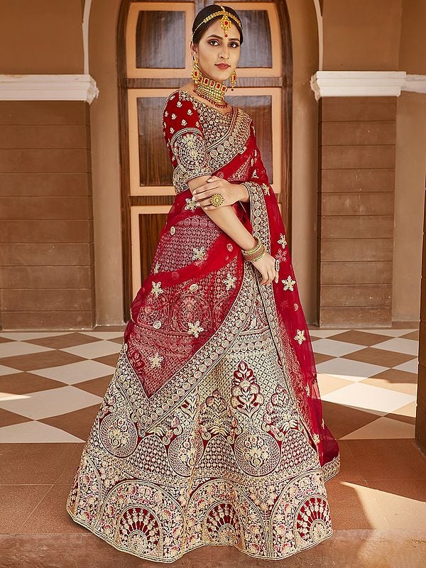 Deep Red Orange Heavy Bridal Wear Lehnga