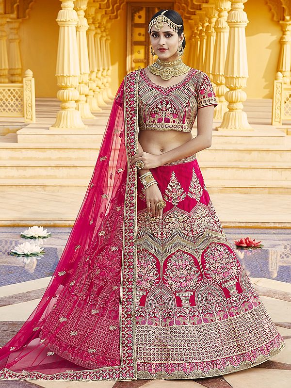 Velvet Bridal Lehenga Choli With All Over Zari Dori Embroidery And Elephant Pattern With Lace Sheer Dupatta