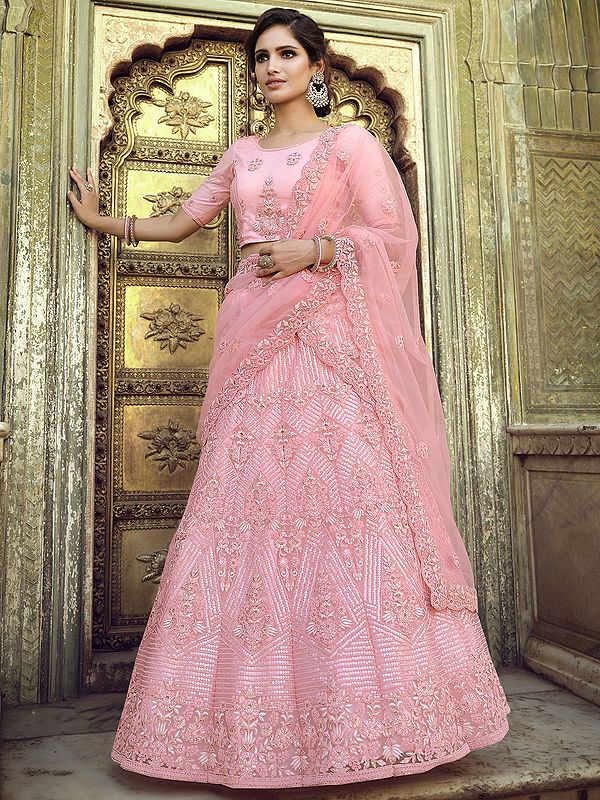 Candy-Pink Soft Net Vine & Kali Motif Lehenga Choli with Sequins, Dori Work and Designer Dupatta