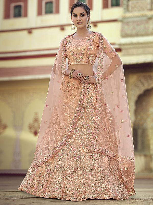 Peach Soft Net Meena Bail Butta Lehenga Choli with Sequins, Thread, Dori, Zari Embroidery and Dupatta