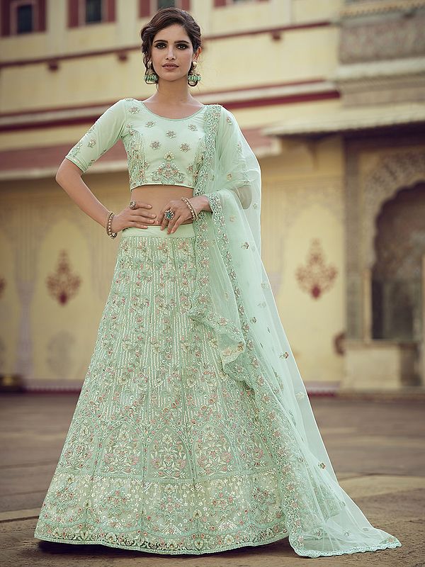 Green Soft Net Mughal Meena Motif Lehenga Choli with All-Over Sequins, Thread Work and Designer Dupatta