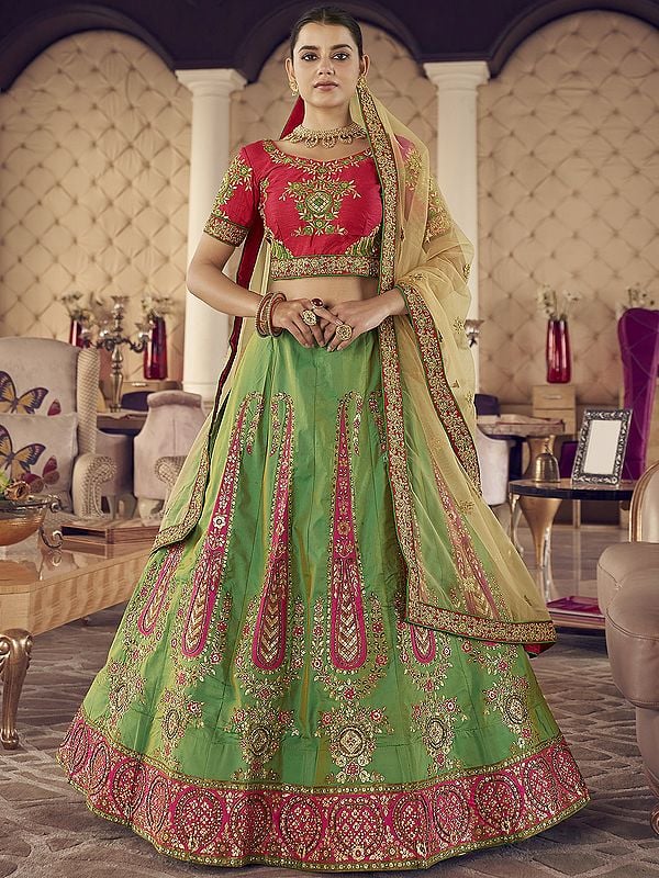 Green Jacquard Silk Bold Paisley Motif Lehenga and Raspberry Art Silk Choli with Thread, Zarkan Work, And Soft Net Dupatta