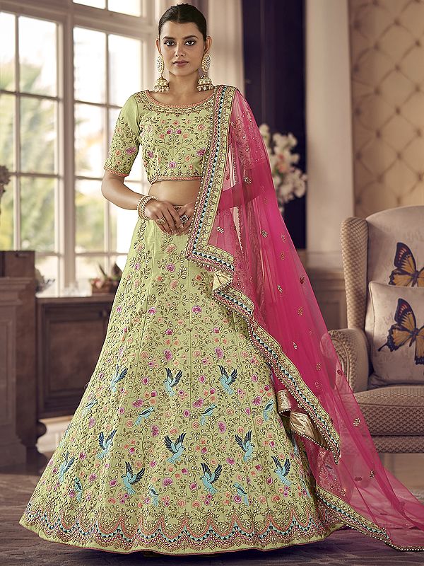 Pista-Green Art Silk Parrots Motif Lehenga Choli with Thread, Zarkan Embroidery, And Soft Net Dupatta