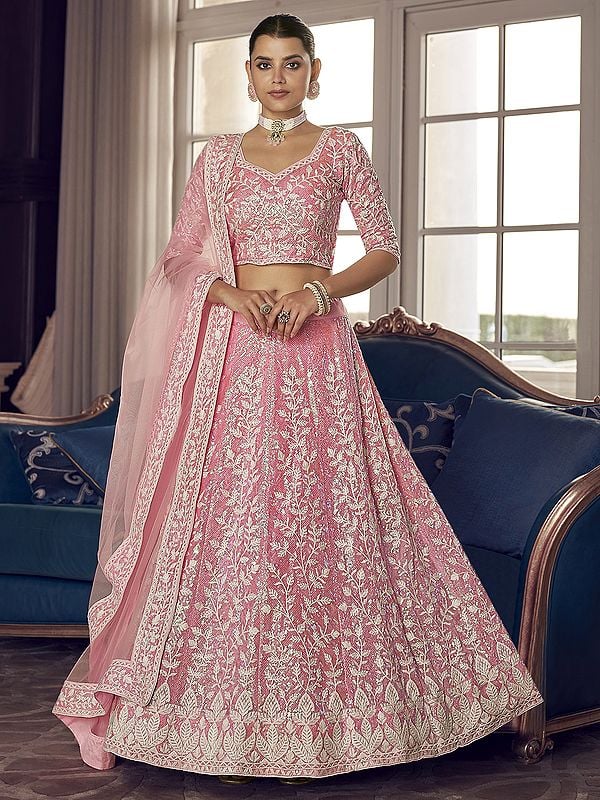 Pink Organza Vine Motif Lehenga Choli With Sequins Thread Work And Soft Net Dupatta Exotic 4256