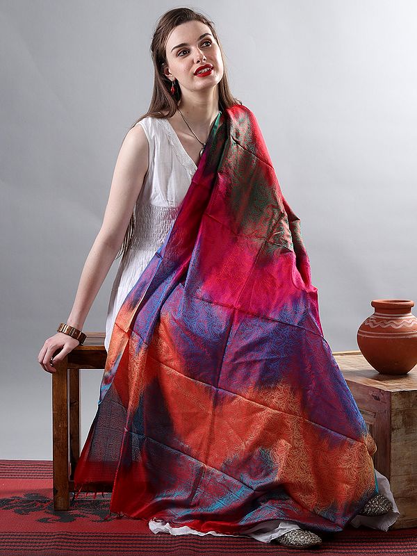 Shawl from Kashmir with Jaal Pattern Sozni Hand-Embroidered Paisley-Flowers