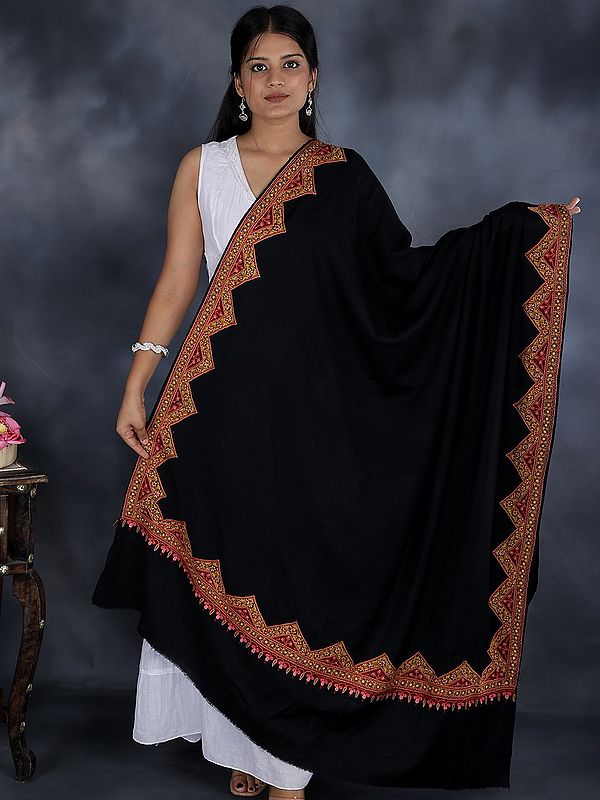 Bristol-Black Plain Shawl from Kashmir with Aari-Floral Triangle Shaped Embroidered Border