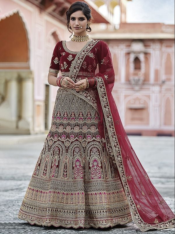 Bridal Velvet Trumpet Style Lehenga Choli with All-Over Floral Mughal Pattern Zari, Dori, Sequins Work and Soft Net Dupatta