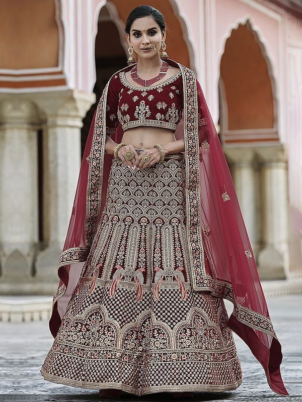 Velvet Bridal A-Line Style Parrot Motif Lehenga Choli with Resham, Zari, Dori, Sequins Work and Soft Net Dupatta