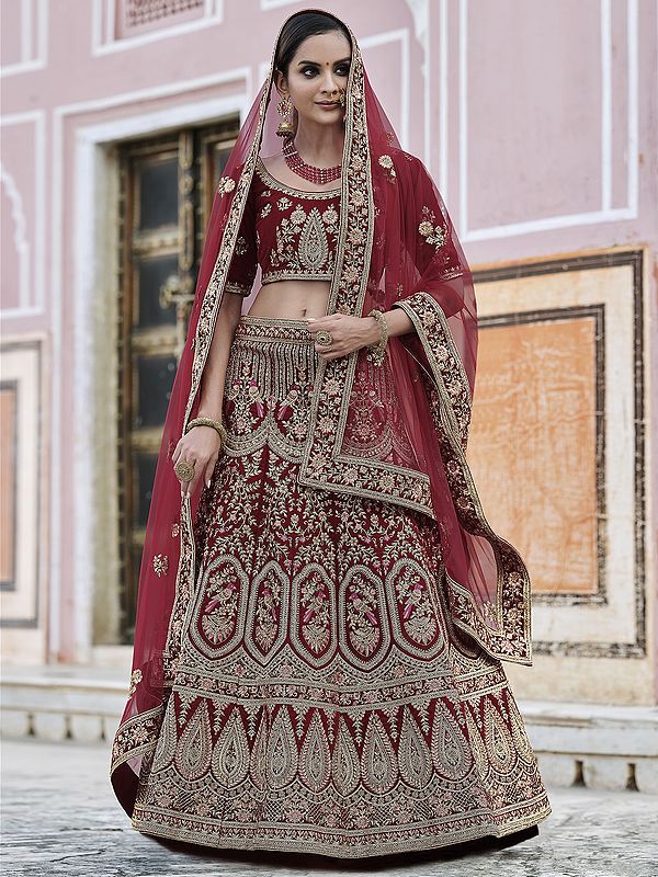 Velvet Bridal Parrot-Kali Pattern Lehenga Choli embellished with zari work and Soft Net Dupatta