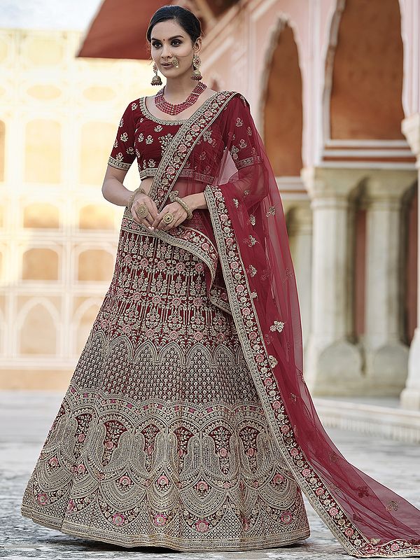 Velvet Bridal Mughal-Kali Motif Lehenga Choli Heavy Embroidered Thread, Zari, Dori, Sequins Work, and Soft Net Dupatta