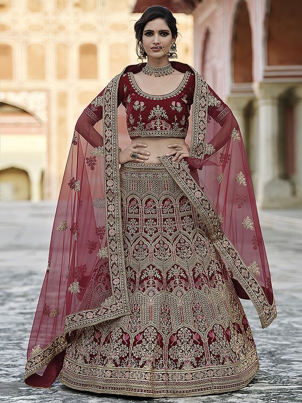 Velvet Mughal & Animals Meena Motif Bridal Lehenga Choli with All-Over Dori, Zari, Stone, Thread Embroidery and Soft Net Dupatta