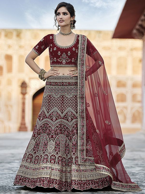 Bridal Velvet Flower Bouquet Pattern Lehenga Choli with Zari, Dori, Sequins, Thread Work and Soft Net Dupatta