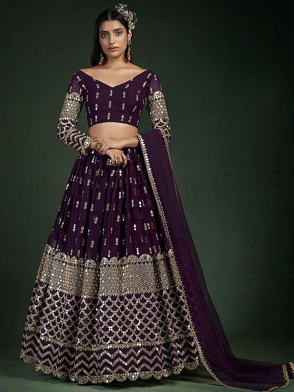 Wine Georgette Scalloped Lehenga Choli with Zari, Gota Embroidery, and Soft Net Dupatta