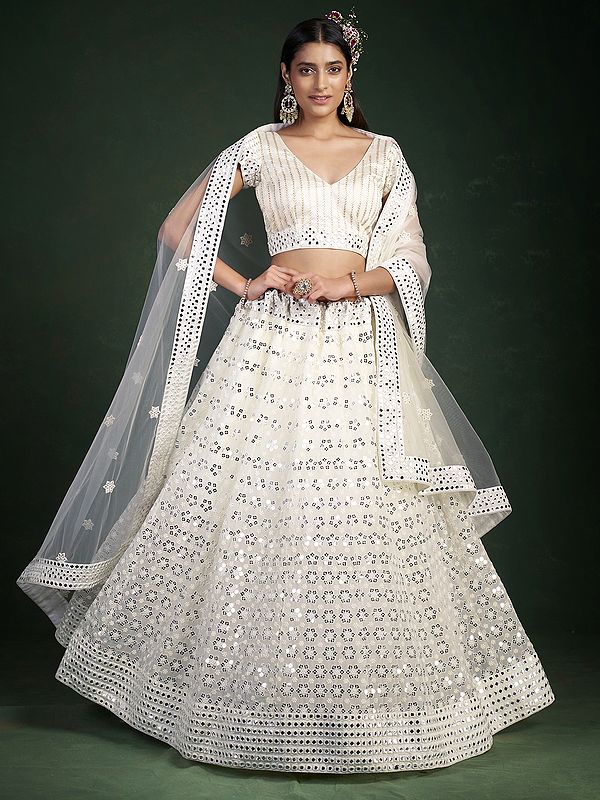 White Georgette All-Over Flower Butta Lehenga Choli With Thread, Sequins, Gota Work And Soft Net Dupatta