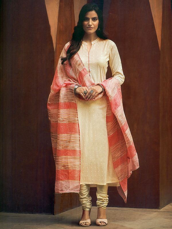 Ivory Cotton Salwar Kameez With Chakra Motif Floral Weave On The Body And Chudidar Style Pant