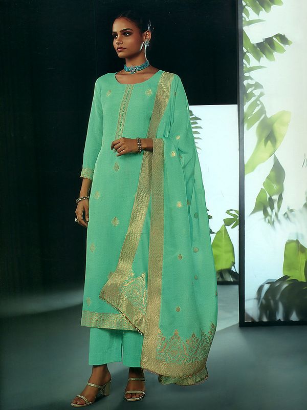 Opal-Green Art-Silk Salwar Kameez With Zari Floral Woven Butta Pattern And Straight Style Pant