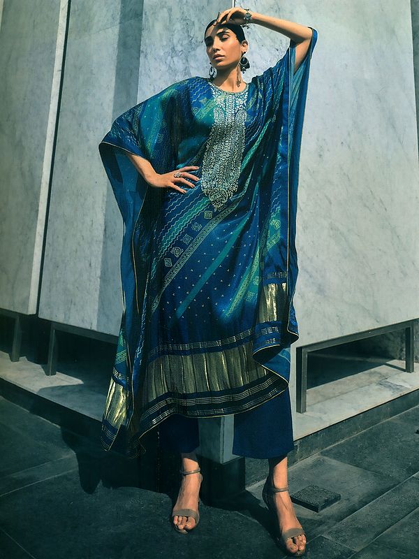 Blue-Green Satin Kaftaan Style Bandhani Printed Salwar Kameez With Zari-Resham-Sequin Floral-Paisley Pattern On Neck Placket And Gajji Patti On Border