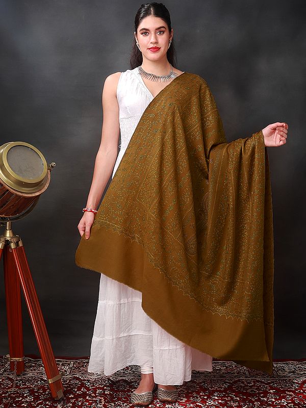 Pecan-Brown All-Over Hand-Embroidered Sozni Shawl