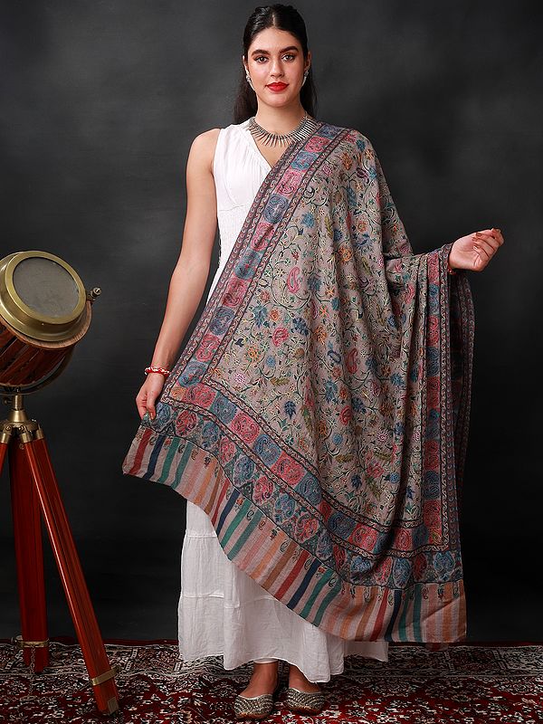 Pure Wool Shawl from Kashmir with Kalamkari Hand-Embroidered Multicolor Paisley-Floral Vine Pattern | Handwoven