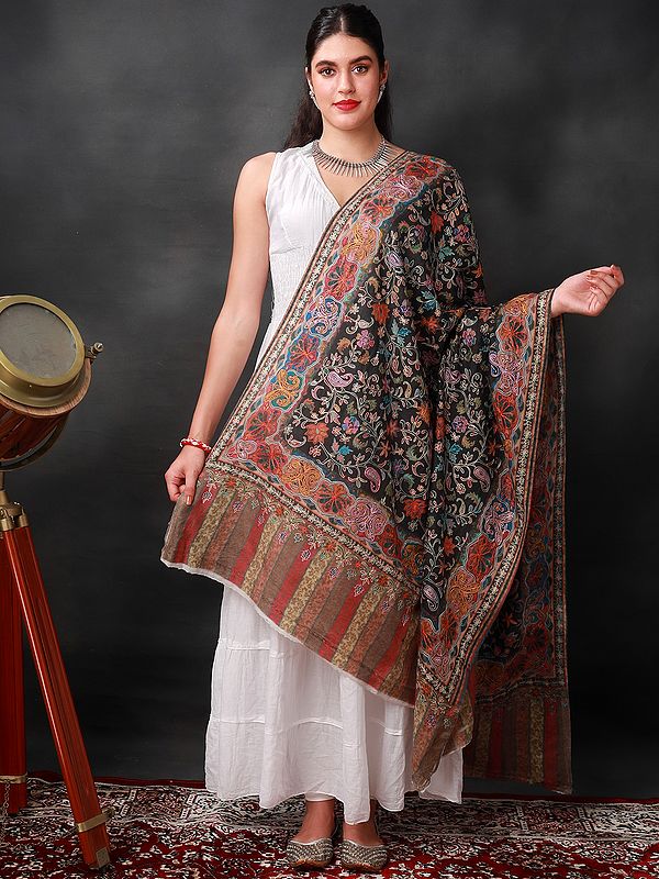 Handwoven Graphite Pure Wool Shawl from Kashmir with Kalamkari Hand-Embroidered