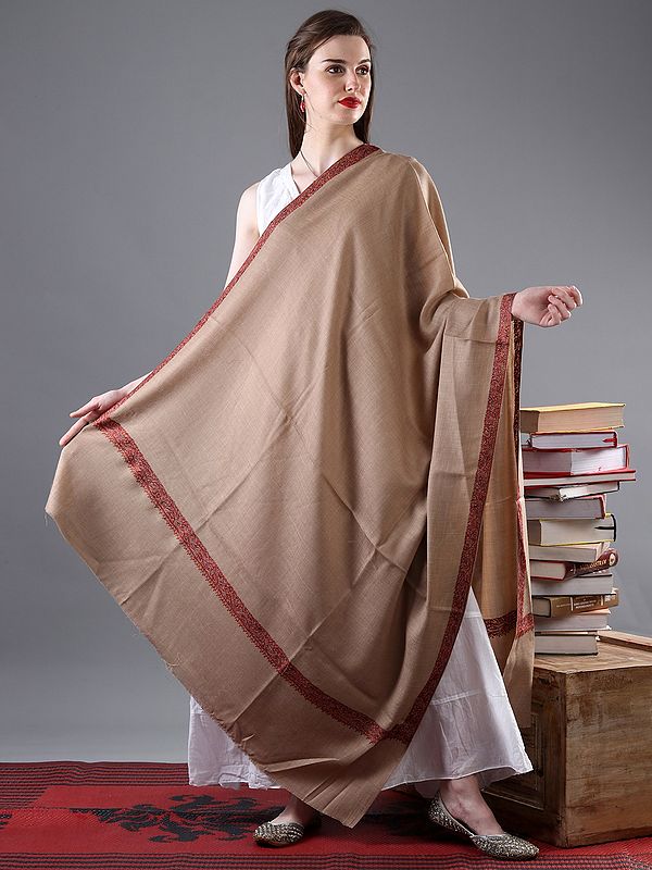 Brown Hand-Embroidered Sozni Shawl with Floral Vine Pattern Border