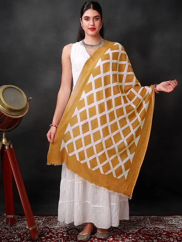 Caramel Woolen Stole with White Diamond Pattern