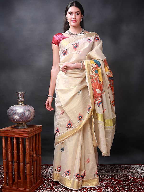 Frosted-Almond Mural Kanha Hand Painted Kasavu Saree with Gold Zari ...