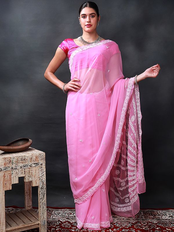Candy-Pink Lukhnawi Chikankari Saree with Hand-Embroidered Flowers on Border and Pallu