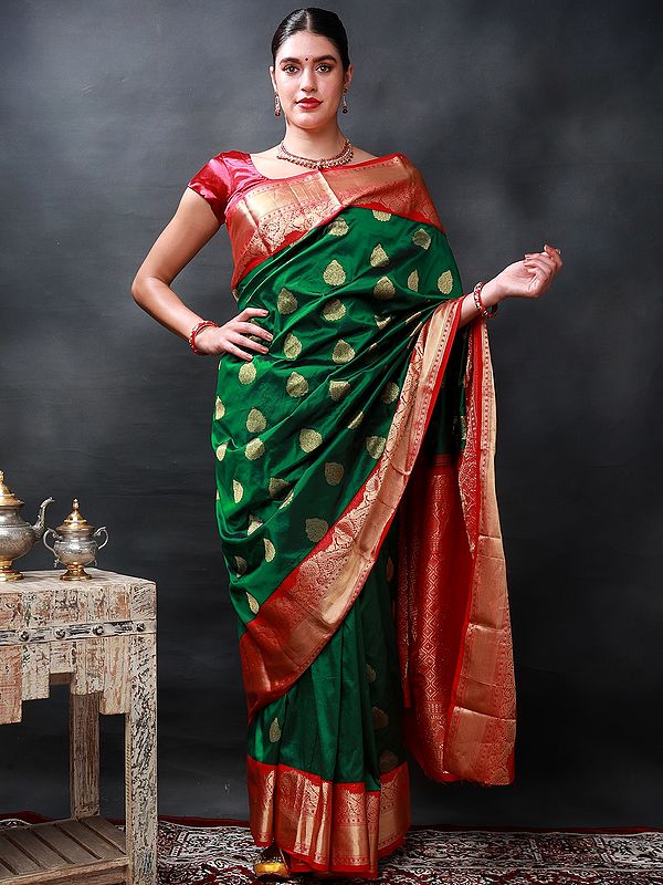 Bottle-Green Handloom Pure Uppada Silk Saree from Karnataka with Rich All-Over Zari Floral-Peacock Motif