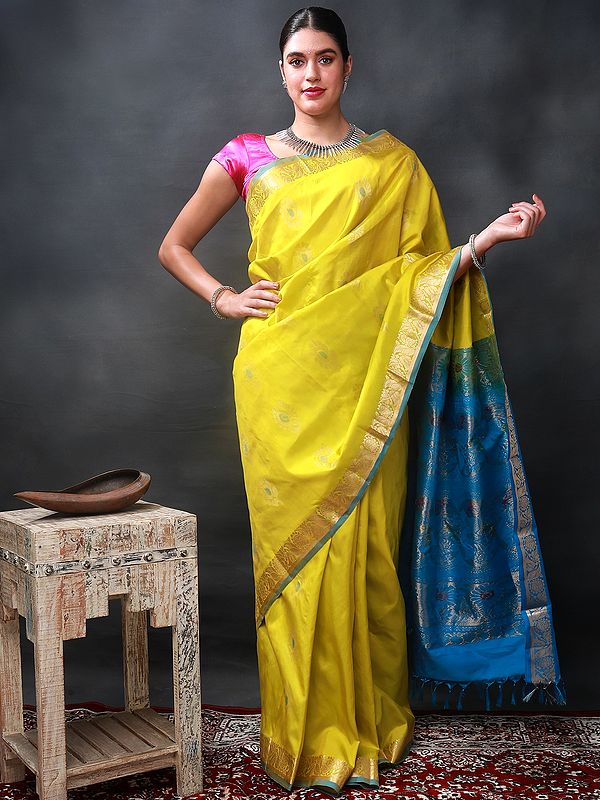 Cress-Green Kanjeevaram Silk Saree with Brocaded Zari Paisley-Floral Booti from Chennai