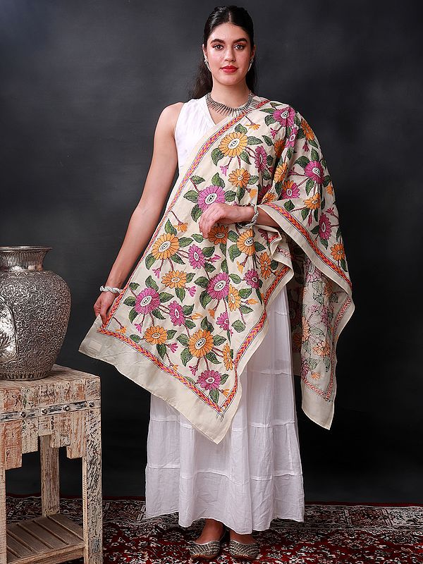 Beige Cotton Silk Kantha Stole