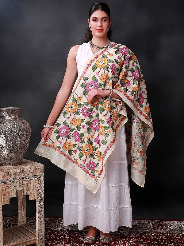 Cream Semi-Tussar Silk Kantha Stole With Multicolor Daisy Vine Embroidery From Bengal