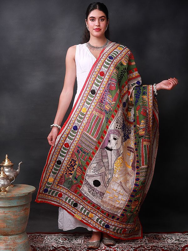 Bleached-Sand Multicolor Women Carrying Pot Embroidered Phulkari Painted Dupatta