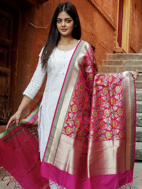 Floral Multicolor Woven Vine Motif Brocaded Banarasi Dupatta