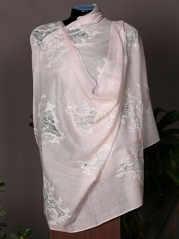 Rose-Pink Pashmina Stole From Nepal With All Over Beautiful Lace Patch Design