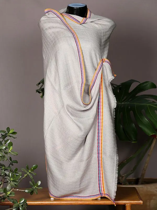 Taupe Herringbone Weave Pashmina Stole from Nepal with Multicolor Border
