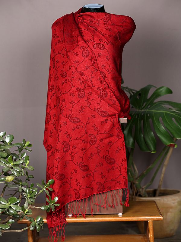 Rose-Red Pashmina Stole from Nepal with All Over Mango Vine Pattern