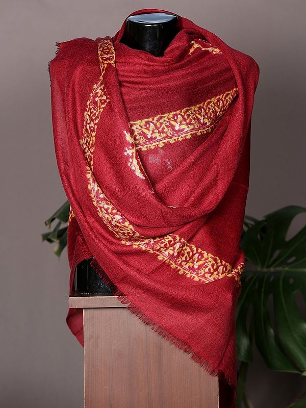 Rosewood Plain Pashmina Stole From Nepal With Yellow Woven Border Design