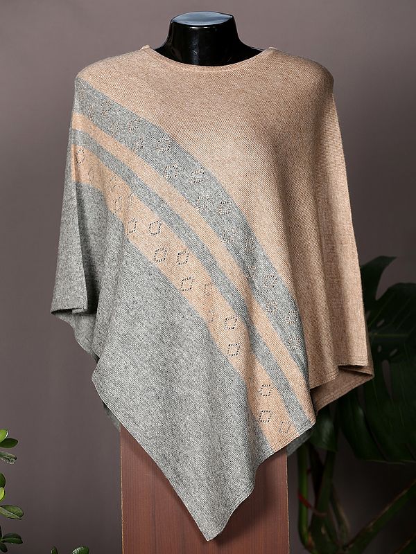 Peach And Gray Diagonal Striped Pashmina Poncho From Nepal