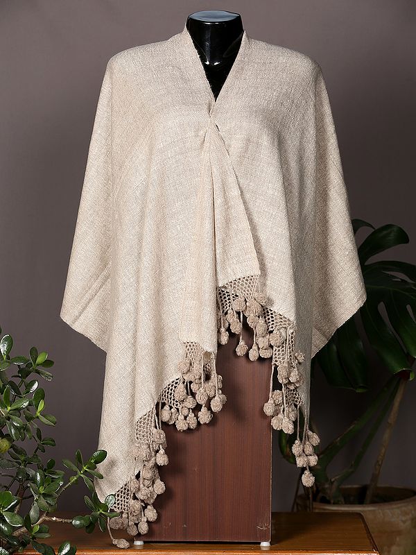 Ivory-Cream Pashmina Stole From Nepal With Beautiful Pompom Knitted Tassel