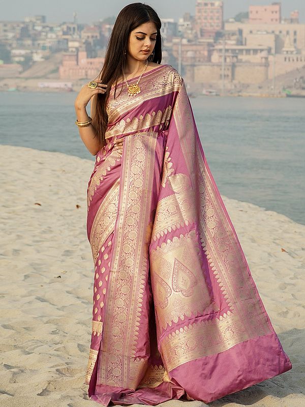 Fuchsia-Pink Semi-Silk Handloom Banarasi Saree With Mango Butta On The Body And Vine Motif On Border