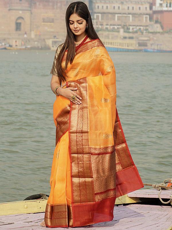 Pure Organza Silk Handloom Banarasi Saree With Zari Floral Butta And Paisley Bail Motif On Border