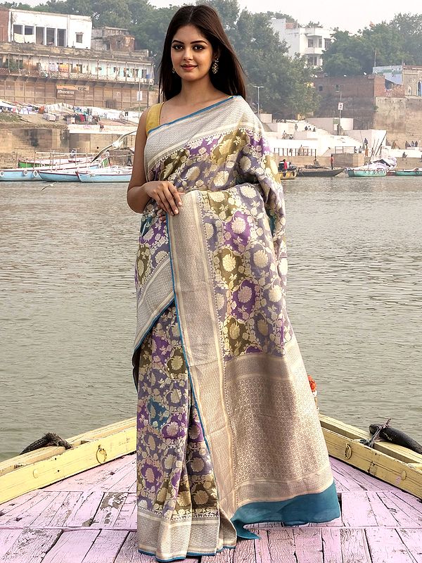 Multicolor Pure Munga Silk Bold Vine Motif Handloom Banarasi Saree With Zari Butta Pallu
