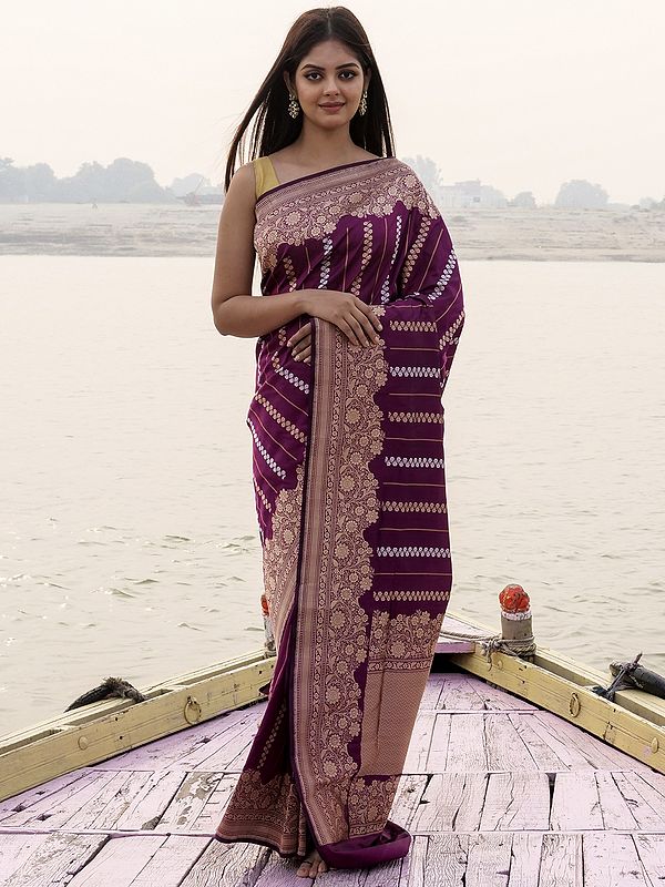 Magenta-Purple Katan Kadwa Alfi Sona-Rupa Silk Stripes Vine Pattern Handloom Banarasi Saree With Kadiyal Border