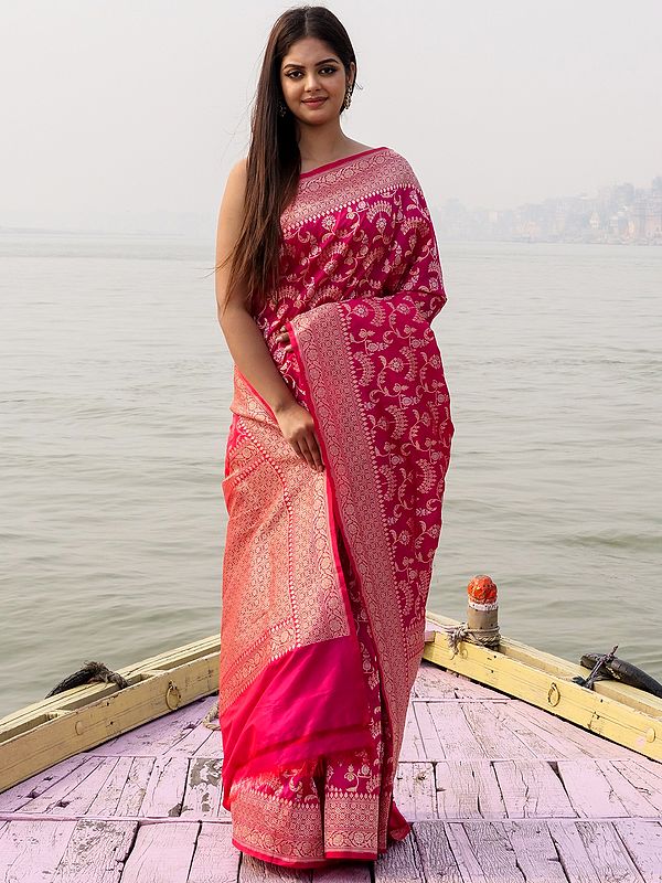 Fuchsia Katan Patola Alfi Silk Handloom Banarasi Saree With All-Over Woven Floral And Zari Weave