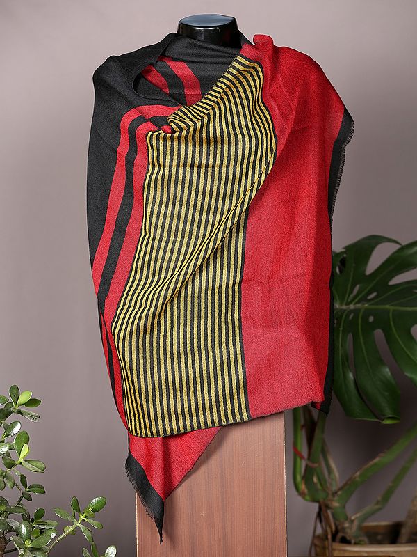 Black Stole with Yellow and Red Stripes Herringbone Weave Pashmina Stole from Nepal