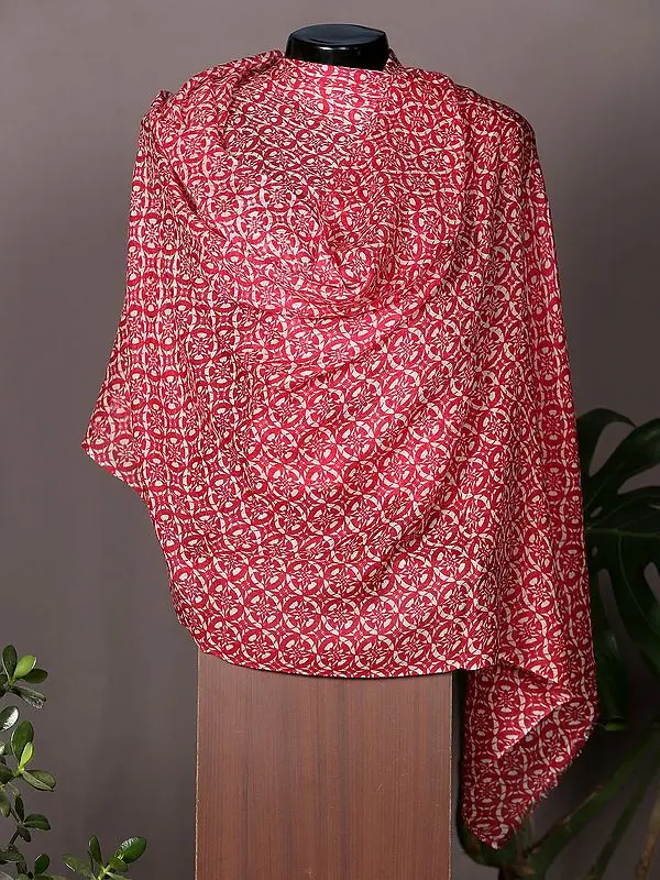 Coral-Pink Pashmina Stole from Nepal with Arabesque Pattern Weave