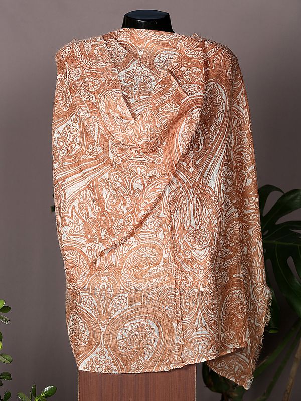 Brown Pashmina Stole from Nepal with Chinoiserie Pattern
