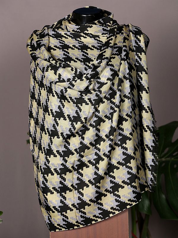 Black and Cream Pashmina Stole from Nepal with Houndstooth Print Pattern