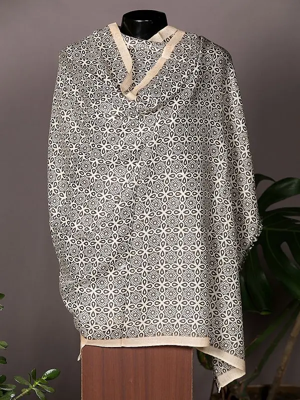 Black and Beige Pashmina Shawl from Nepal with Arabesque Pattern